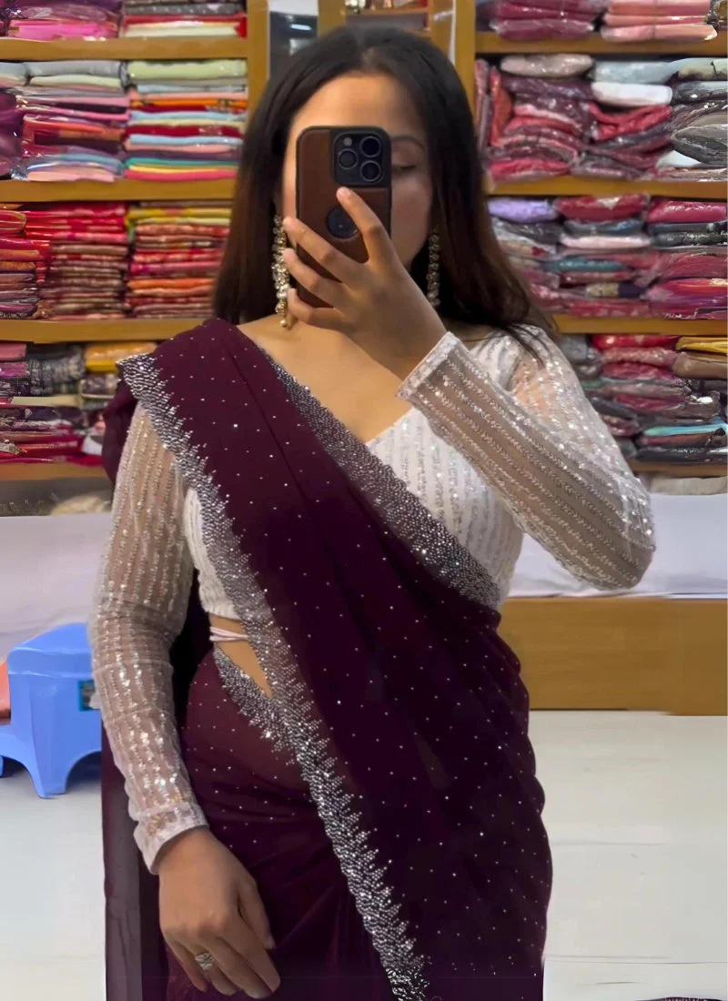 Wine Color Sarees with Contrast Blouses