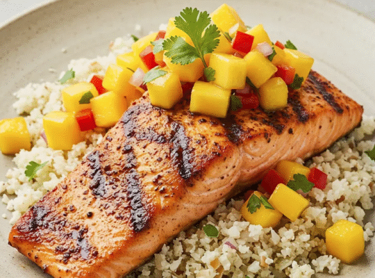 Grilled Salmon Over Pineapple Fried Rice